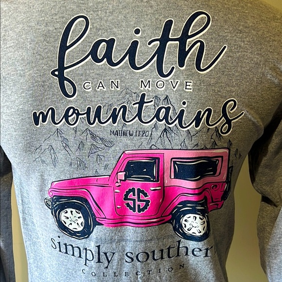 Simply Southern Gray and Pink Jeep Long Sleeve Tee Faith Mountains Matthew 17:20 - Picture 1 of 6